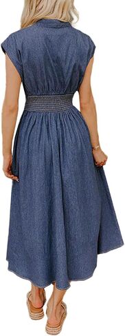 SOMTHRON Women's Sleeveless Denim Midi Dress V Neck Zip Up Smocked Waist A Line Slit Front Long Jean Dress in Saudi Arabia