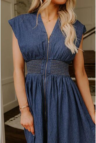 SOMTHRON Women's Sleeveless Denim Midi Dress V Neck Zip Up Smocked Waist A Line Slit Front Long Jean Dress in Saudi Arabia