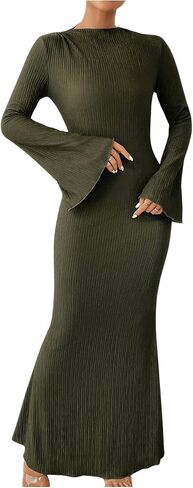 GORGLITTER Women's Bell Long Sleeve Cocktail Maxi Dress Crew Neck Bodycon Fishtail Casual Long Dresses in Saudi Arabia