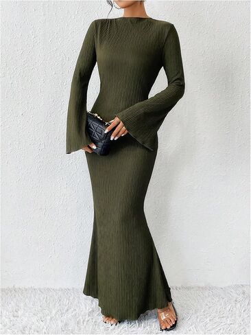 GORGLITTER Women's Bell Long Sleeve Cocktail Maxi Dress Crew Neck Bodycon Fishtail Casual Long Dresses in Saudi Arabia