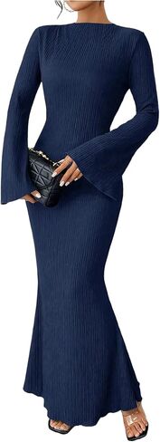 GORGLITTER Women's Bell Long Sleeve Cocktail Maxi Dress Crew Neck Bodycon Fishtail Casual Long Dresses in Saudi Arabia