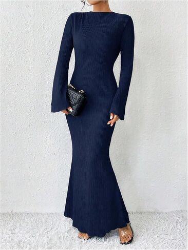 GORGLITTER Women's Bell Long Sleeve Cocktail Maxi Dress Crew Neck Bodycon Fishtail Casual Long Dresses in Saudi Arabia