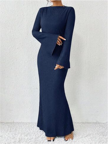 GORGLITTER Women's Bell Long Sleeve Cocktail Maxi Dress Crew Neck Bodycon Fishtail Casual Long Dresses in Saudi Arabia