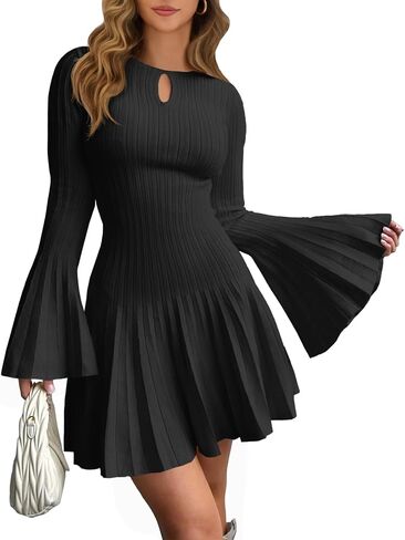 Saodimallsu Womens Long Bell Sleeve Mini Knit Dress Flowy A Line Pleated Bodycon Crew Neck Elegant Short Sweater Dresses in Saudi Arabia