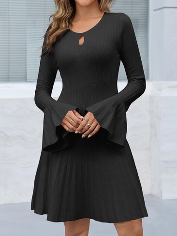 Saodimallsu Womens Long Bell Sleeve Mini Knit Dress Flowy A Line Pleated Bodycon Crew Neck Elegant Short Sweater Dresses in Saudi Arabia