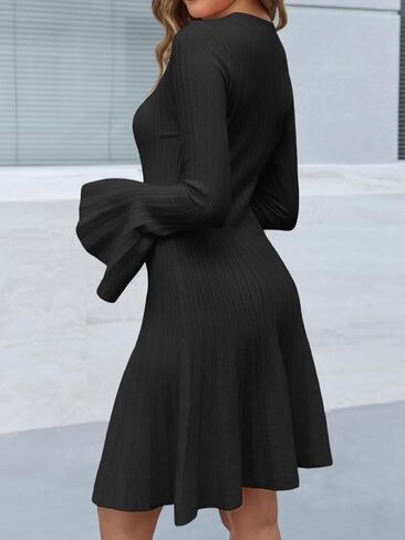 Saodimallsu Womens Long Bell Sleeve Mini Knit Dress Flowy A Line Pleated Bodycon Crew Neck Elegant Short Sweater Dresses in Saudi Arabia