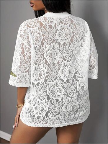 Women's Y2k Floral Lace Jersey Shirt Number Print Sheer V Neck Short Sleeve Summer Tee Tops in Saudi Arabia