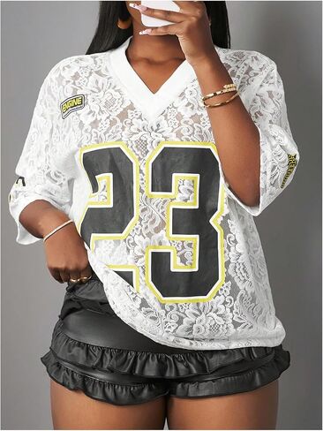 Women's Y2k Floral Lace Jersey Shirt Number Print Sheer V Neck Short Sleeve Summer Tee Tops in Saudi Arabia