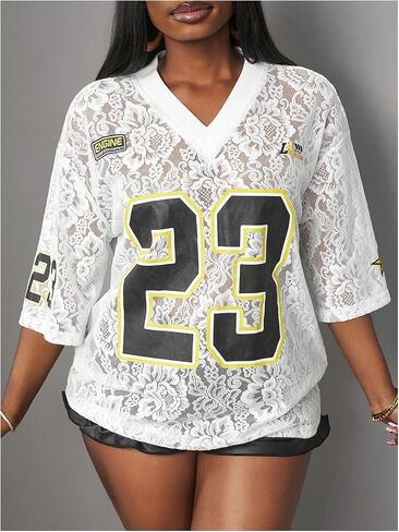 Women's Y2k Floral Lace Jersey Shirt Number Print Sheer V Neck Short Sleeve Summer Tee Tops in Saudi Arabia
