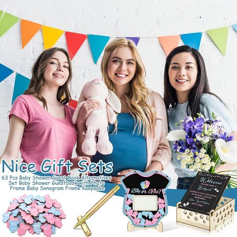 Wenqik 63 PCS Baby Shower Book بدائل ضيوف قم بتعيين زينة استحمام الطفل مع إطار صورة Sonogram إطار التذكارات 60 شريحة خشبية دفتر لعيد الميلاد (الديناصورات) in Kuwait