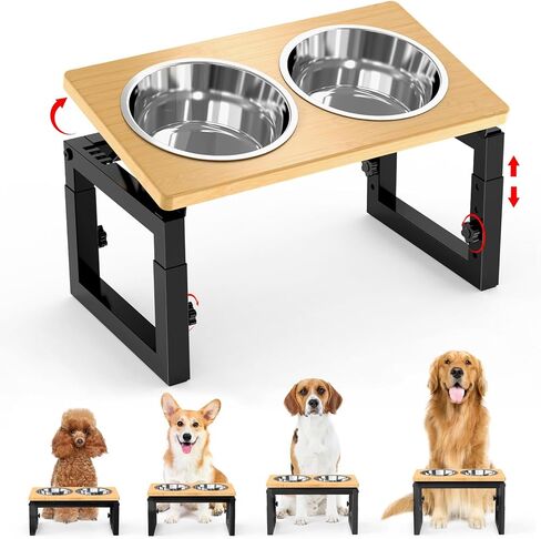 Dog Bowls Elevated, 4 Height & Angle Adjustable Raised Dog Bowl Stand, Elevated Dogs Bowl Stand for Medium Sized Pet, Sturdy Bamboo Dogs Feeding Station with 2 Stainless Steel Dishes in Saudi Arabia