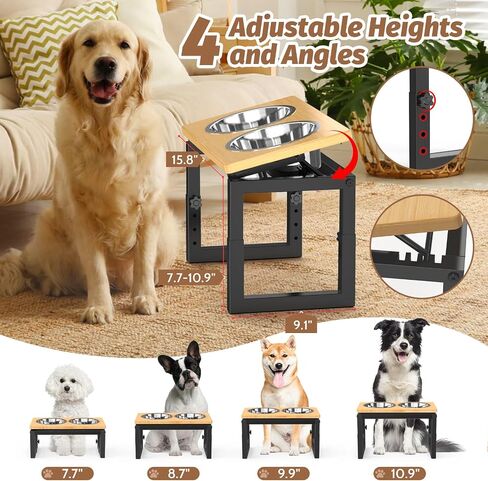 Dog Bowls Elevated, 4 Height & Angle Adjustable Raised Dog Bowl Stand, Elevated Dogs Bowl Stand for Medium Sized Pet, Sturdy Bamboo Dogs Feeding Station with 2 Stainless Steel Dishes in Saudi Arabia