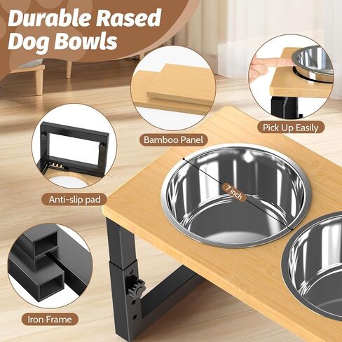 Dog Bowls Elevated, 4 Height & Angle Adjustable Raised Dog Bowl Stand, Elevated Dogs Bowl Stand for Medium Sized Pet, Sturdy Bamboo Dogs Feeding Station with 2 Stainless Steel Dishes in Saudi Arabia