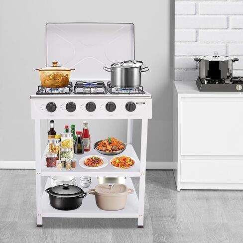 4 موقد غاز موقد محمول موقد في الهواء الطلق مع حامل تخزين قابل للإزالة ، طباخ غاز بروبان من الفولاذ المقاوم للصدأ الشاق مع تغطية لتخييم النزهة منزل RV (بدون خرطوم) in Kuwait