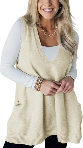 yoeasy Womens Sleeveless Sweater Vest Oversized V Neck Loose Knit Casual A Line Tunic Pullover Top with Pockets in Saudi Arabia