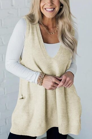 yoeasy Womens Sleeveless Sweater Vest Oversized V Neck Loose Knit Casual A Line Tunic Pullover Top with Pockets in Saudi Arabia