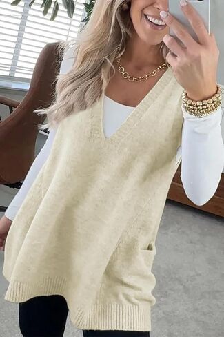 yoeasy Womens Sleeveless Sweater Vest Oversized V Neck Loose Knit Casual A Line Tunic Pullover Top with Pockets in Saudi Arabia
