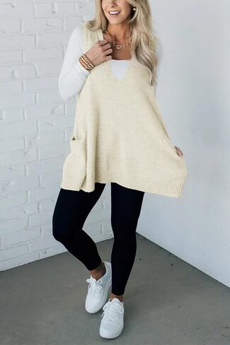yoeasy Womens Sleeveless Sweater Vest Oversized V Neck Loose Knit Casual A Line Tunic Pullover Top with Pockets in Saudi Arabia