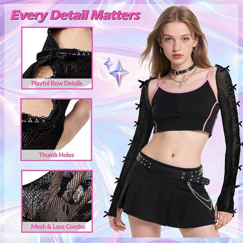 Women Long Sleeve Lace Shrug Gothic Y2K Bow Bolero Fishnet Shawl Cardigan Cute Fairycore Accessories in Saudi Arabia