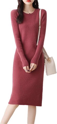 Merino Wool Sweater Dress Women's O-Neck Long Sleeved Knitted Pullover Crewneck Slim Fit Autumn Winter Tops in Kuwait