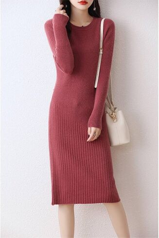 Merino Wool Sweater Dress Women's O-Neck Long Sleeved Knitted Pullover Crewneck Slim Fit Autumn Winter Tops in Kuwait