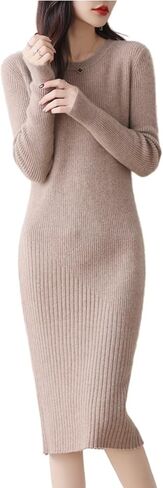 Merino Wool Sweater Dress Women's O-Neck Long Sleeved Knitted Pullover Crewneck Slim Fit Autumn Winter Tops in Kuwait