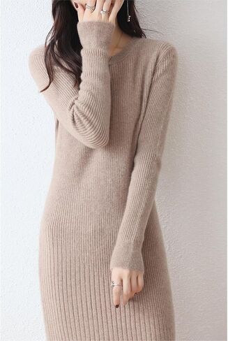 Merino Wool Sweater Dress Women's O-Neck Long Sleeved Knitted Pullover Crewneck Slim Fit Autumn Winter Tops in Kuwait