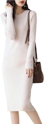 Merino Wool Sweater Dress Women's O-Neck Long Sleeved Knitted Pullover Crewneck Slim Fit Autumn Winter Tops in Kuwait
