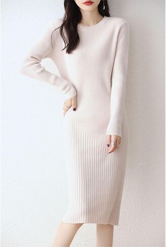 Merino Wool Sweater Dress Women's O-Neck Long Sleeved Knitted Pullover Crewneck Slim Fit Autumn Winter Tops in Kuwait