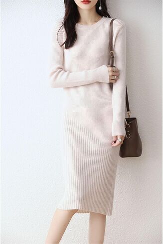Merino Wool Sweater Dress Women's O-Neck Long Sleeved Knitted Pullover Crewneck Slim Fit Autumn Winter Tops in Kuwait