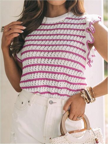 Verdusa Women's Striped Sweater Cap Sleeve Hollow Out Knit Tops Lightweight Sweater Vest in Saudi Arabia