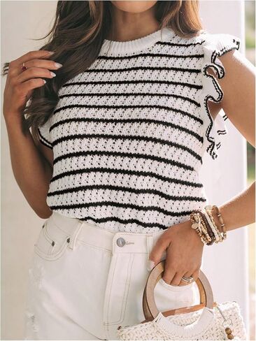 Verdusa Women's Striped Sweater Cap Sleeve Hollow Out Knit Tops Lightweight Sweater Vest in Saudi Arabia