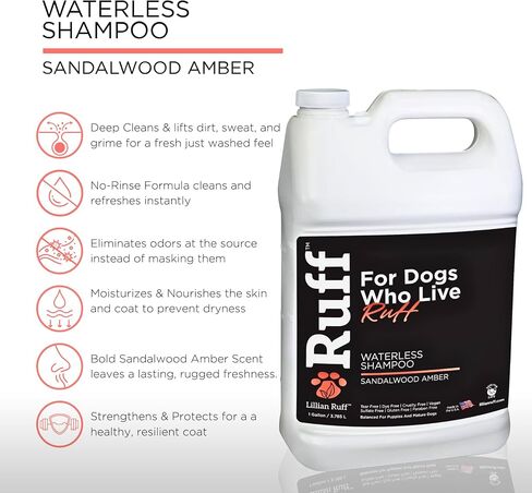 Ruff by Lillian Ruff No-Rinse Waterless Dog Shampoo Spray | Sandalwood Amber | Pet Deodorizer | for Cleaning, Conditioning, Detangling & Moisturizing Dogs & Cats | Safe for Puppies | USA Made in Saudi Arabia