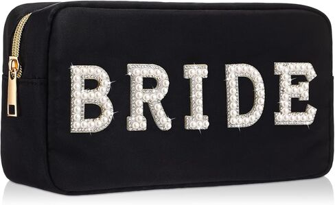Hillban Nylon Bride Makeup Bag Cosmetic Travel Toiletry Bag Large Engagement Gift Pearl Rhinestone Letter Patch Bride Pouch Gifts for Bachelorette Party Wedding Bridal Shower(White,Bride) in Saudi Arabia