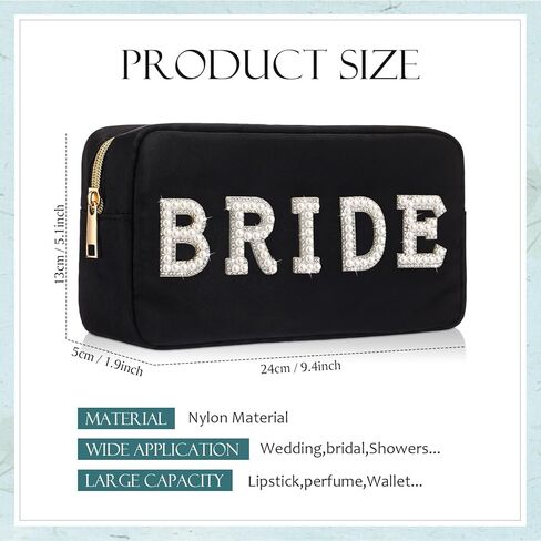 Hillban Nylon Bride Makeup Bag Cosmetic Travel Toiletry Bag Large Engagement Gift Pearl Rhinestone Letter Patch Bride Pouch Gifts for Bachelorette Party Wedding Bridal Shower(White,Bride) in Saudi Arabia