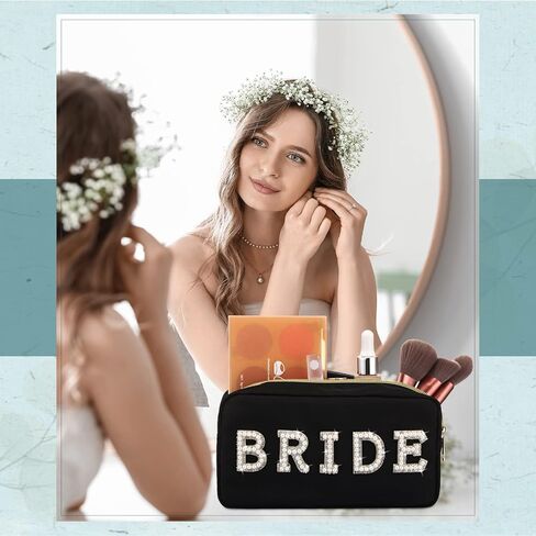 Hillban Nylon Bride Makeup Bag Cosmetic Travel Toiletry Bag Large Engagement Gift Pearl Rhinestone Letter Patch Bride Pouch Gifts for Bachelorette Party Wedding Bridal Shower(White,Bride) in Saudi Arabia