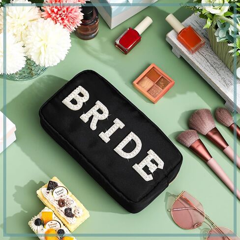 Hillban Nylon Bride Makeup Bag Cosmetic Travel Toiletry Bag Large Engagement Gift Pearl Rhinestone Letter Patch Bride Pouch Gifts for Bachelorette Party Wedding Bridal Shower(White,Bride) in Saudi Arabia