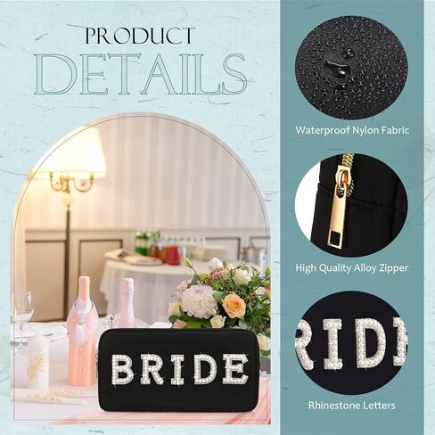 Hillban Nylon Bride Makeup Bag Cosmetic Travel Toiletry Bag Large Engagement Gift Pearl Rhinestone Letter Patch Bride Pouch Gifts for Bachelorette Party Wedding Bridal Shower(White,Bride) in Saudi Arabia