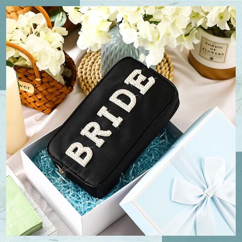 Hillban Nylon Bride Makeup Bag Cosmetic Travel Toiletry Bag Large Engagement Gift Pearl Rhinestone Letter Patch Bride Pouch Gifts for Bachelorette Party Wedding Bridal Shower(White,Bride) in Saudi Arabia