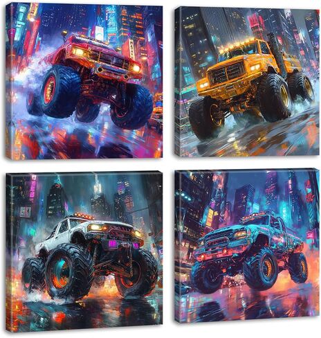 NamoSet Monster The Truck Boys Room Decor - Watercolor Cool Truck Canvas Art Cartoon Carters Plant Prints for Room Gen Bedroom Framed Wear to Hange 12 "× 12" × 4 in Saudi Arabia