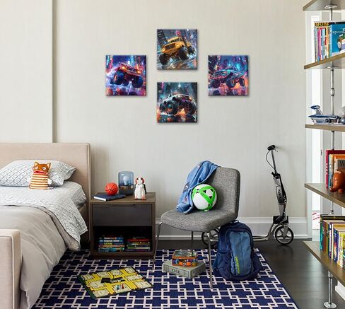 NamoSet Monster The Truck Boys Room Decor - Watercolor Cool Truck Canvas Art Cartoon Carters Plant Prints for Room Gen Bedroom Framed Wear to Hange 12 "× 12" × 4 in Saudi Arabia