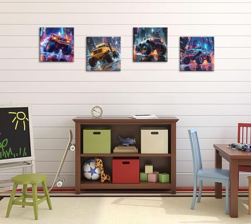 NamoSet Monster The Truck Boys Room Decor - Watercolor Cool Truck Canvas Art Cartoon Carters Plant Prints for Room Gen Bedroom Framed Wear to Hange 12 "× 12" × 4 in Saudi Arabia