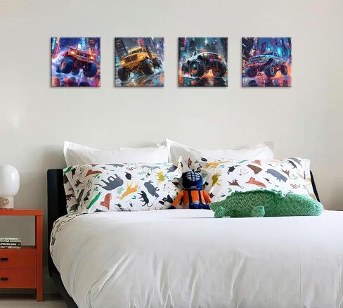 NamoSet Monster The Truck Boys Room Decor - Watercolor Cool Truck Canvas Art Cartoon Carters Plant Prints for Room Gen Bedroom Framed Wear to Hange 12 "× 12" × 4 in Saudi Arabia