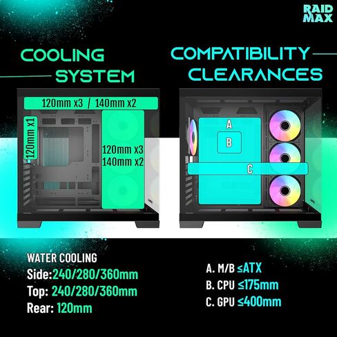 RAIDMAX Infinita I610 Dual Ramber ATX Gaming Case ، Pre-install 4x Argb Fans + 80+ Gold 700W + 240mm Water Pooler ، 270 ° LOWERS O11 GLASS ، يدعم ما يصل إلى 400 مم GPU و CONNECT CONNECT MB in Kuwait
