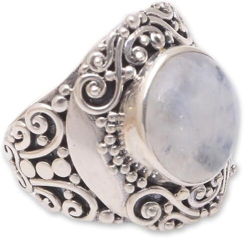 Novica Artisan Rainbow Moonstone Cocktail Ring من Bali .925 Sterling Silver Indonesia "حديقة ليلية" in Saudi Arabia