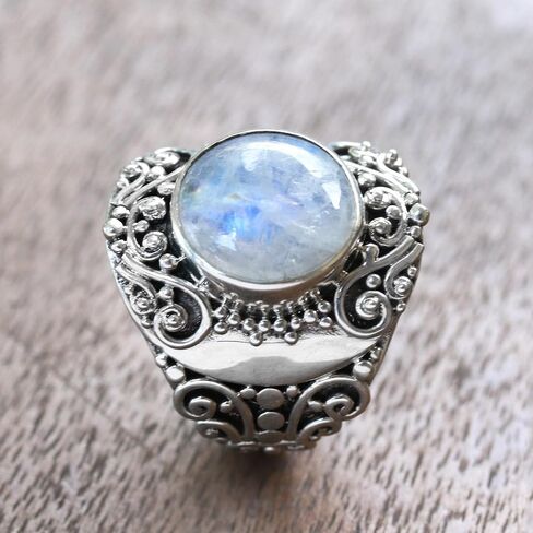 Novica Artisan Rainbow Moonstone Cocktail Ring من Bali .925 Sterling Silver Indonesia "حديقة ليلية" in Saudi Arabia