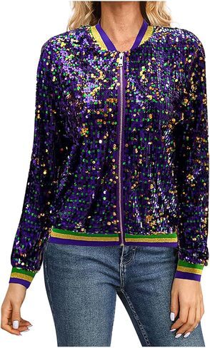 Carnival Festival Costumes for Women Mardi Gras Sequin Jacket Front Zip Up Glitter Bomber Jackets New Orleans Outfits in Saudi Arabia