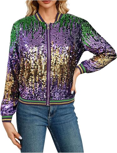 Carnival Festival Costumes for Women Mardi Gras Sequin Jacket Front Zip Up Glitter Bomber Jackets New Orleans Outfits in Saudi Arabia