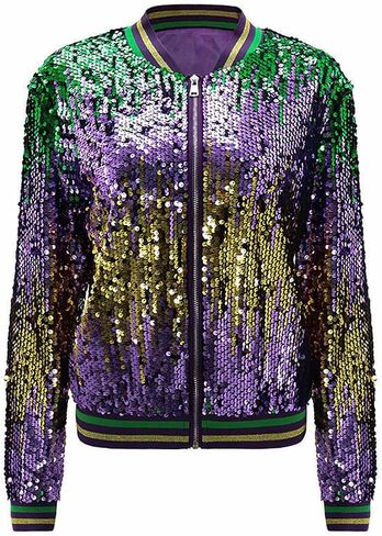 Carnival Festival Costumes for Women Mardi Gras Sequin Jacket Front Zip Up Glitter Bomber Jackets New Orleans Outfits in Saudi Arabia
