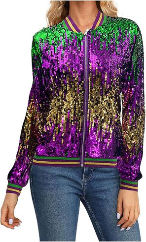 Carnival Festival Costumes for Women Mardi Gras Sequin Jacket Front Zip Up Glitter Bomber Jackets New Orleans Outfits in Saudi Arabia